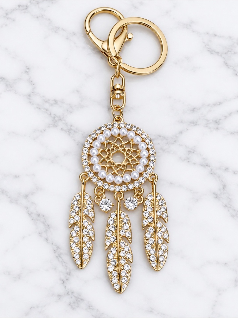 White Crystal Dreamcatcher Bag Charm/Keyring- Faux Pearl Accents-Gold Hardware
